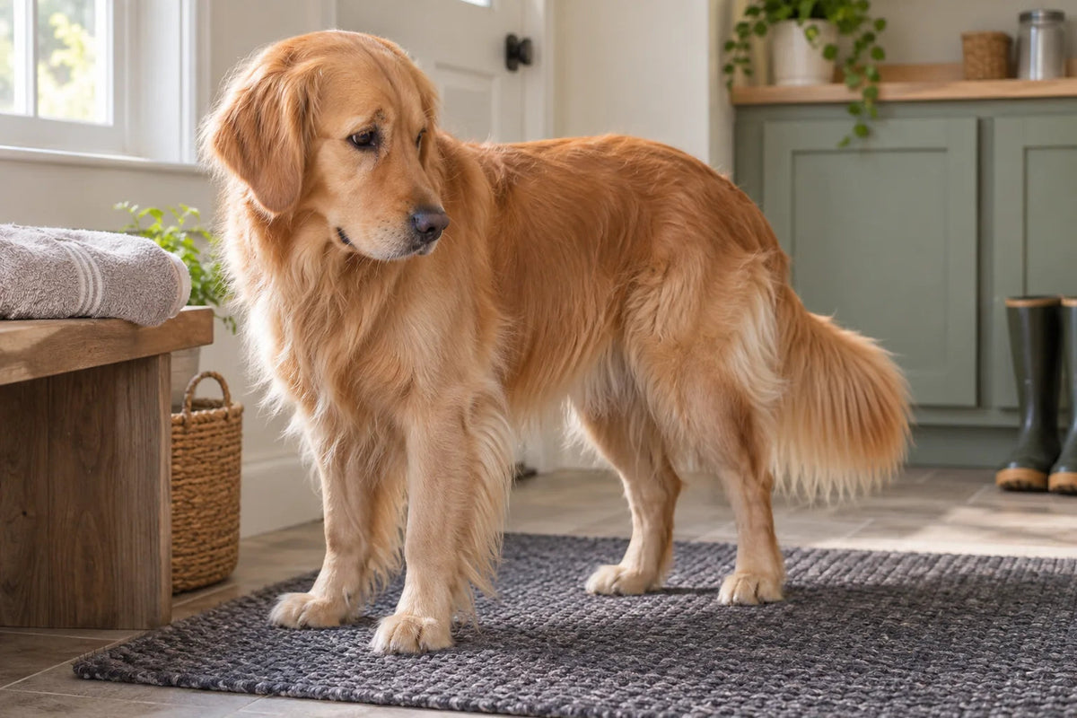 A Golden Retriever outdoors with its natural golden coat and feathering