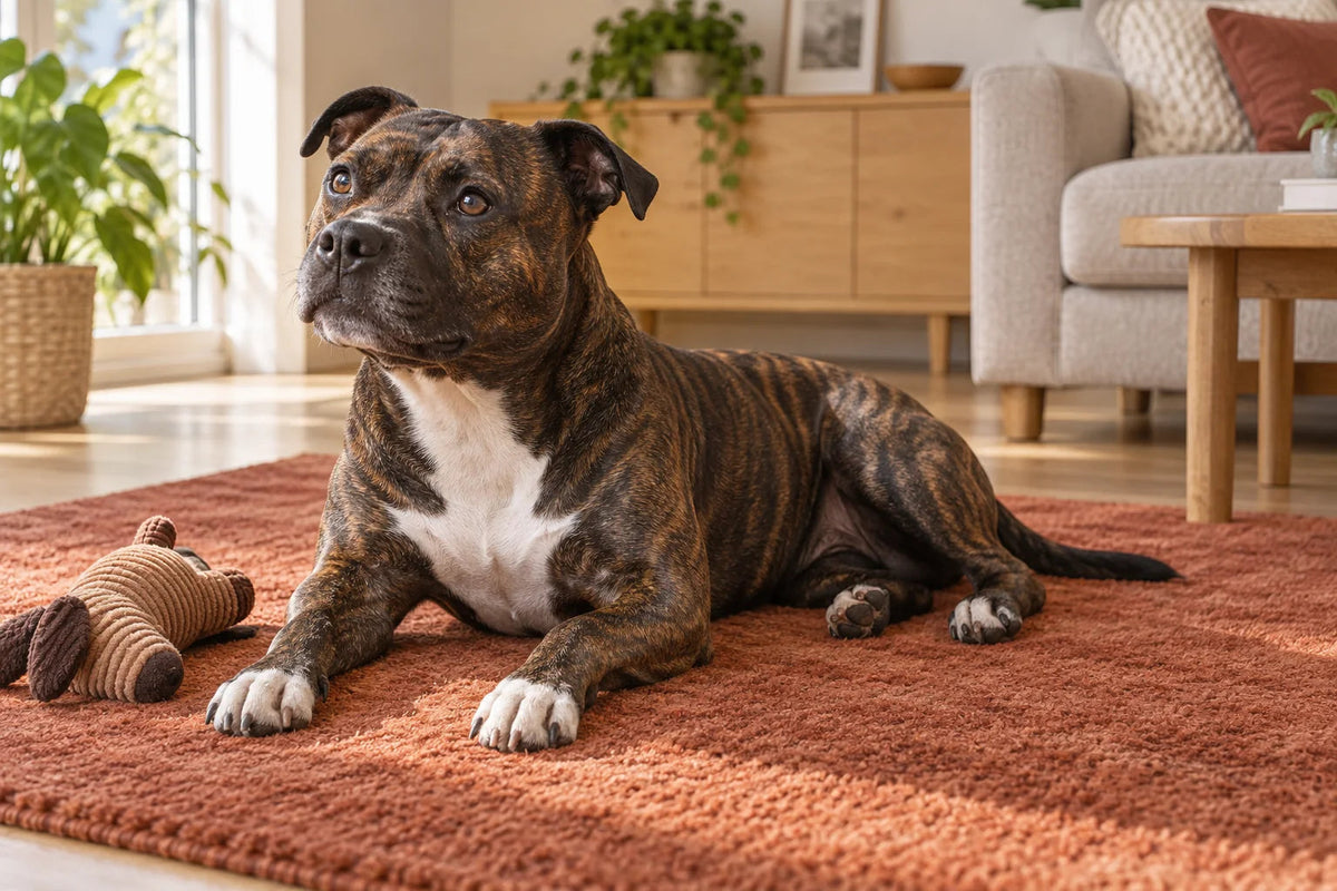 A brindle Staffordshire Bull Terrier resting on a rust-coloured rug beside a toy