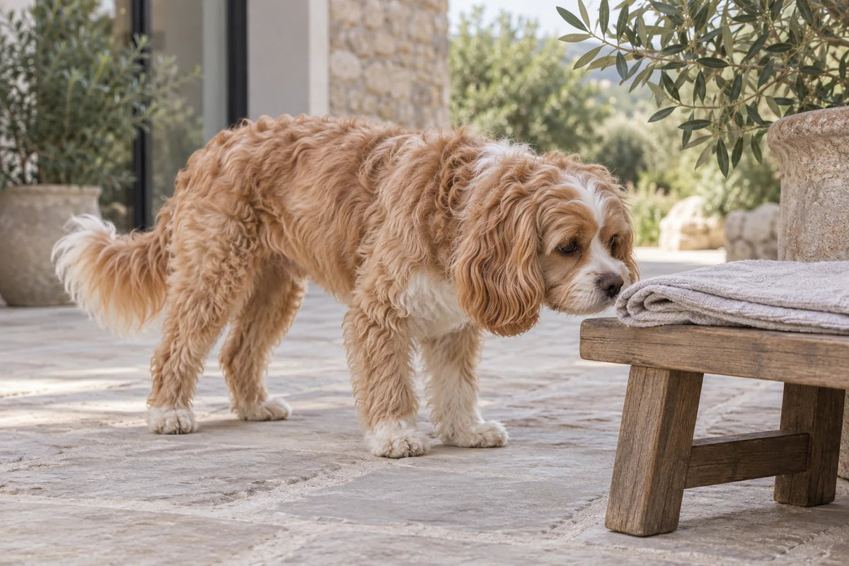 An apricot-and-white Cavapoo sniffing a folded towel on a low bench beside a stone patio
