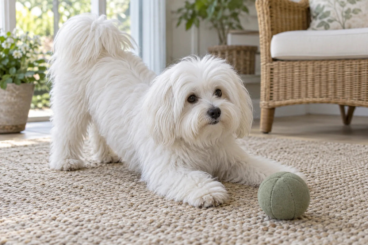 A white Coton de Tulear play-bowing towards a soft green ball on an oatmeal rug