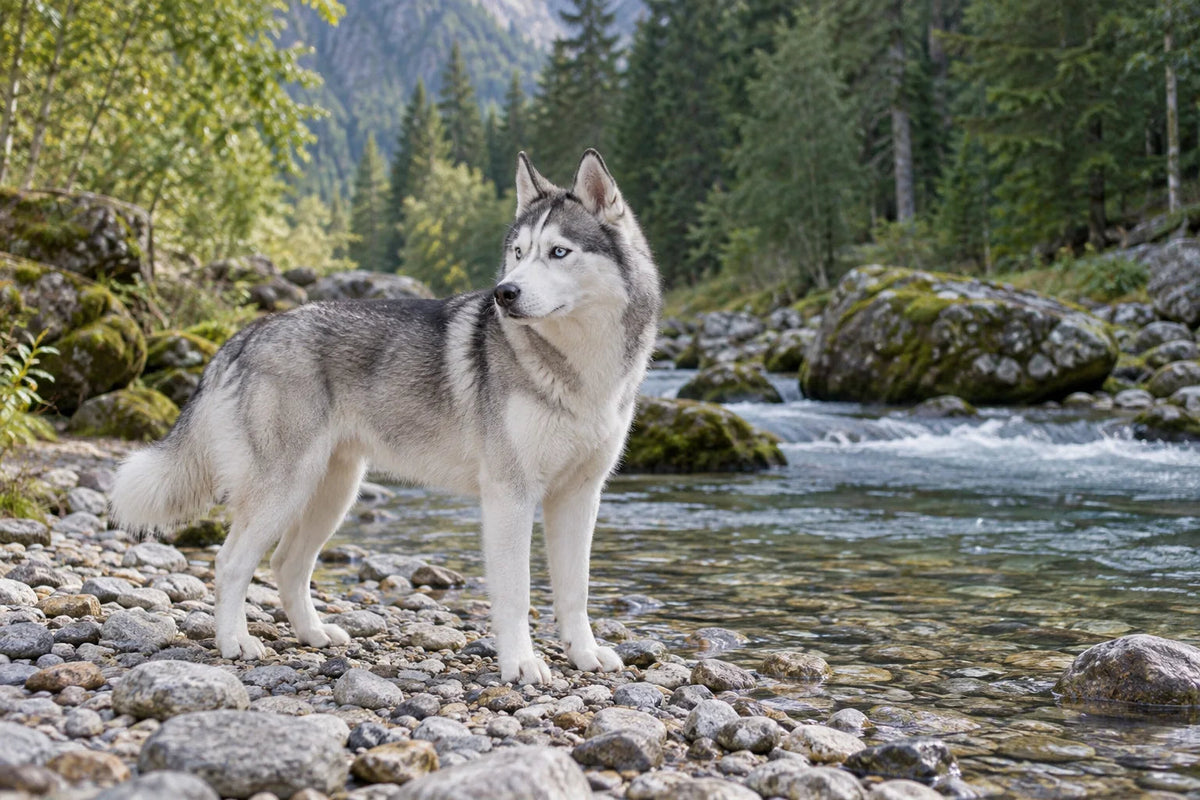 A silver grey and white Siberian Husky standing beside a clear woodland stream