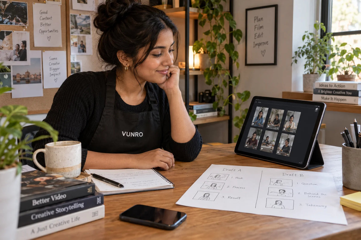 Illustrative creator comparing two storyboard approaches and reviewing her video thumbnails.