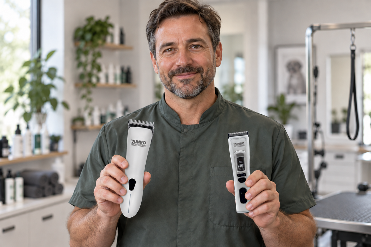 Professional groomer holding a VUNRO D-Series clipper and VUNRO PRO trimmer