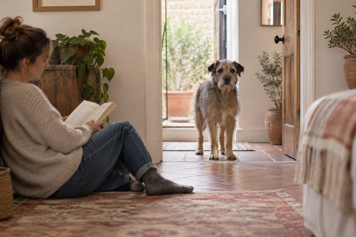 Rescue terrier choosing its distance while its owner sits quietly nearby