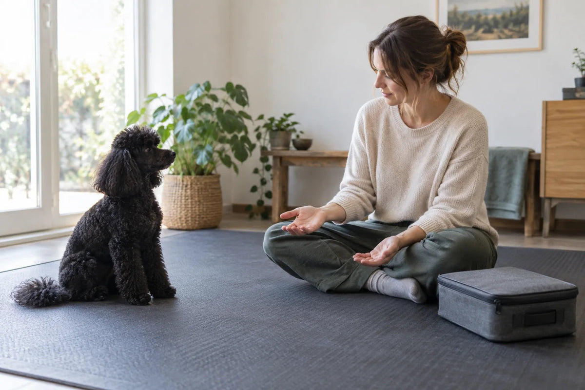 Black Poodle sitting beside an adult and a closed grooming case