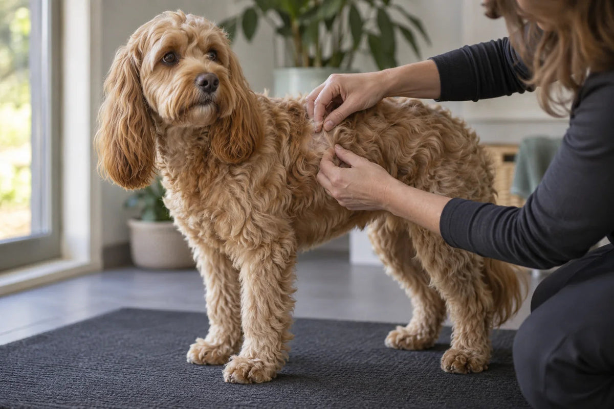 Adult gently parting a Cockapoo shoulder coat to inspect beneath the surface