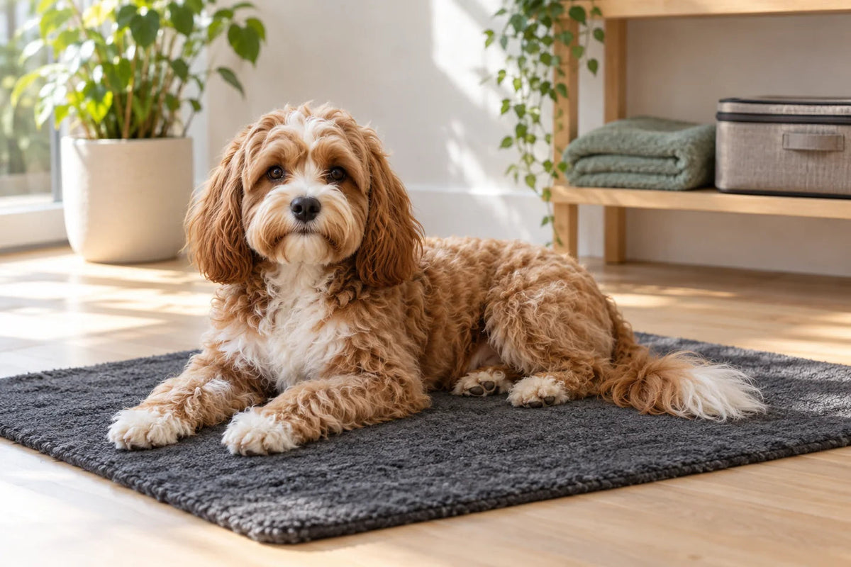 Relaxed dog resting beside neatly stored grooming supplies