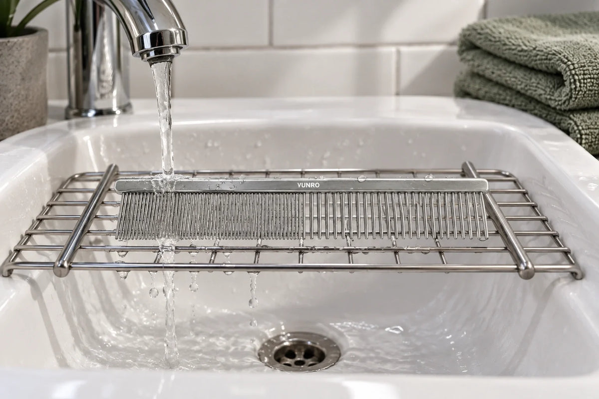 VUNRO fine-and-coarse stainless comb supported on a draining rack while being rinsed over a salon sink
