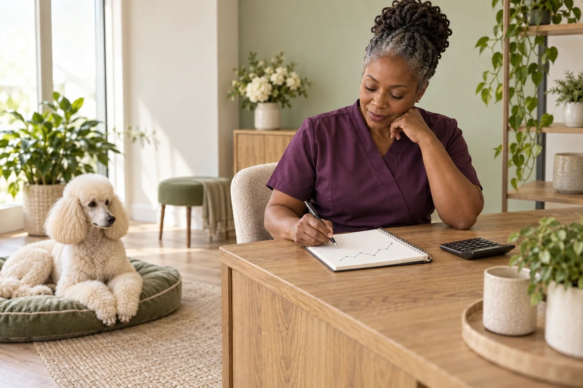 Salon professional reviewing an illustrative unlabeled chart at a tidy desk, without customer records or a claimed real result