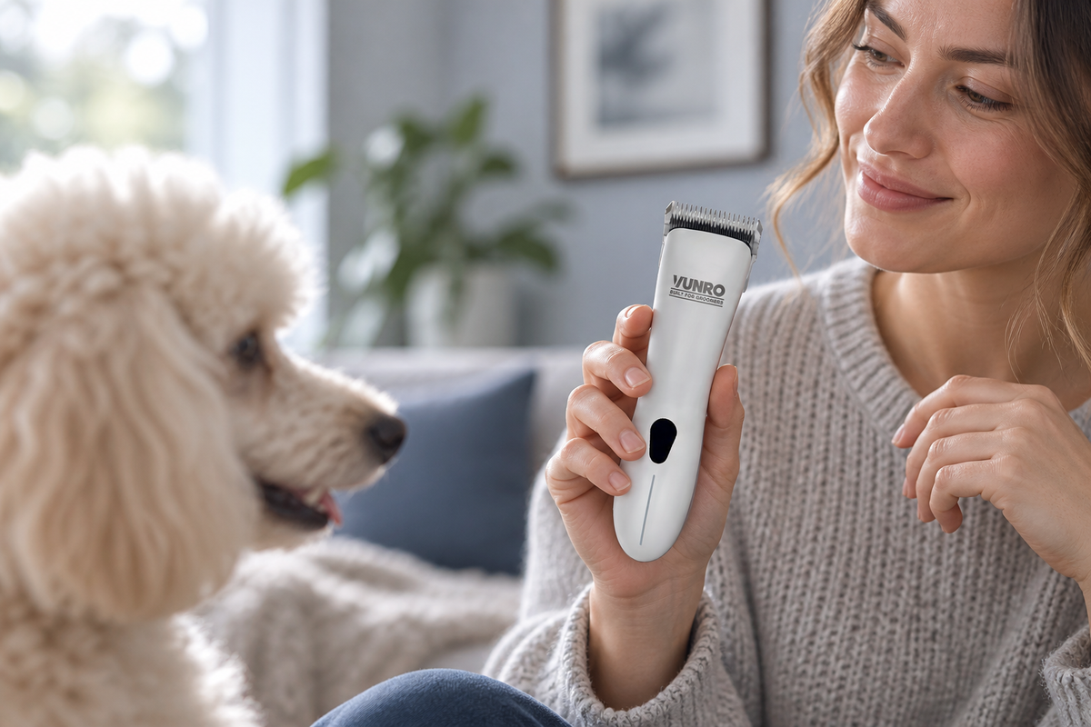 Pet parent pausing with a switched-off VUNRO D-Series clipper beside a calm dog