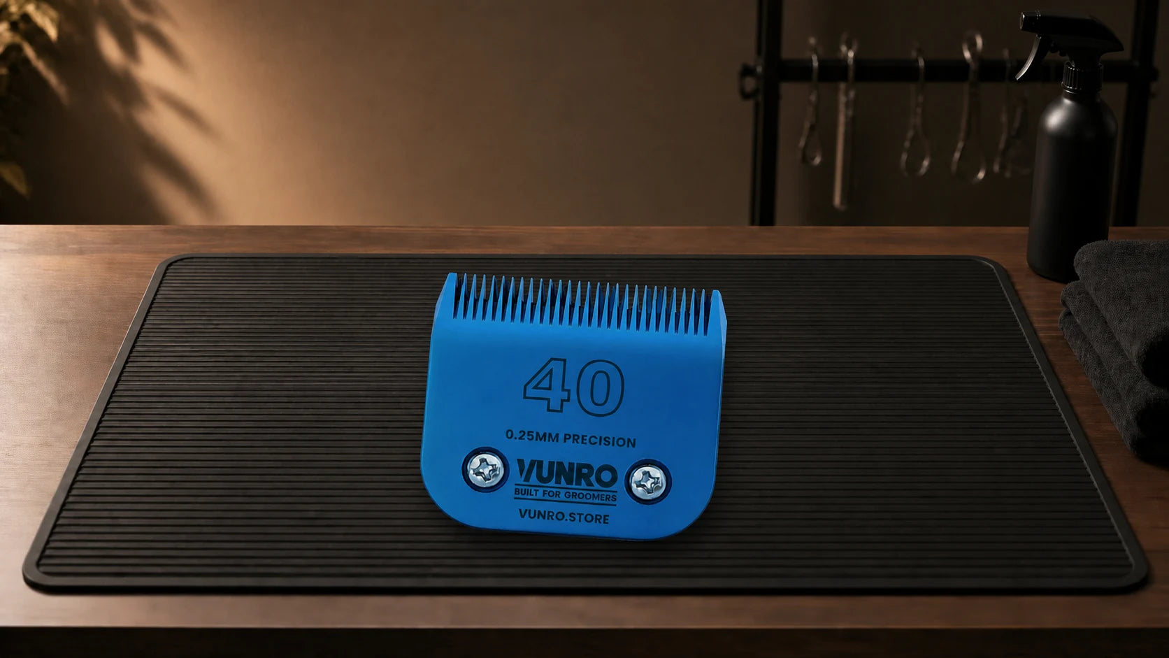 #40 Blue Steel Dog Clipper Blade (0.25 mm) resting naturally on the VUNRO grooming workbench