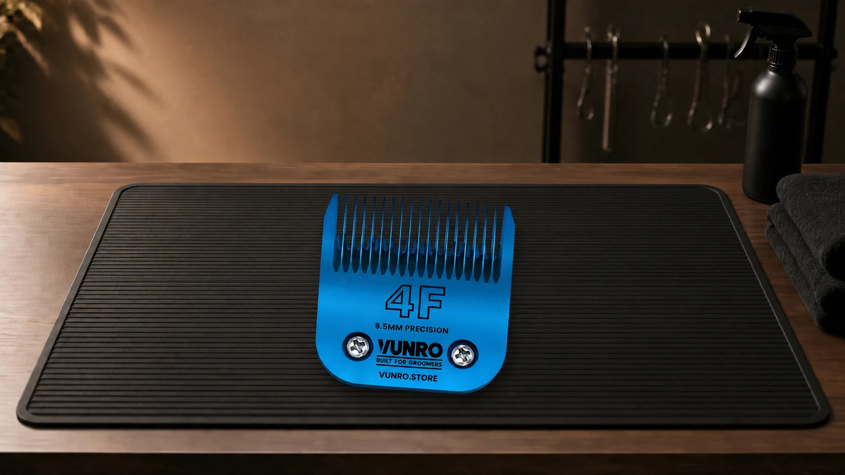 #4F Blue Steel Dog Clipper Blade (9.5 mm) resting naturally on the VUNRO grooming workbench